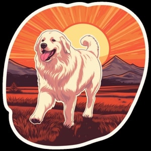 Waterdichte sticker Grote Pyreneeënhond rent door een prachtig veld bij zonsopgang, zonsondergang - rode achtergrond