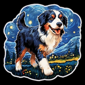 Waterdichte sticker Berner Sennenhond rent door een prachtig veld onder de sterrenhemel V4 waterdicht