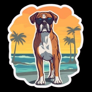 Adhesivo de vinilo resistente al agua: perro bóxer descansando en una hermosa playa oceánica, con gafas de sol: ¡nueva opción holográfica!