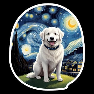 Sticker vinyle imperméable chien des Pyrénées dans la nuit étoilée - oeuvre d'art inspirée de Vincent Van Gogh - peinture à l'huile - Version 2