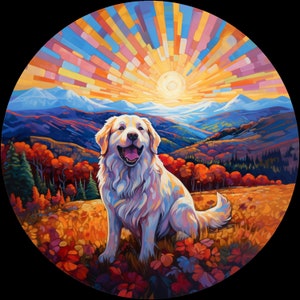 Wasserdichter Vinyl-Aufkleber Pyrenäen-Hund beim Wandern durch das Bergfeld während eines Herbst-Sonnenaufgangs Version 2 -