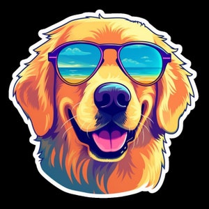 Adhesivo de vinilo resistente al agua con diseño de perro Golden Retriever, Labrador Retriever, con gafas de sol: ¡nueva opción holográfica disponible!