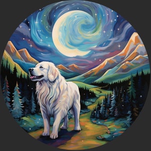 Sticker vinyle imperméable chien des Pyrénées cabré dans les montagnes sous la pleine lune dans le ciel nocturne, style positif heureux V2