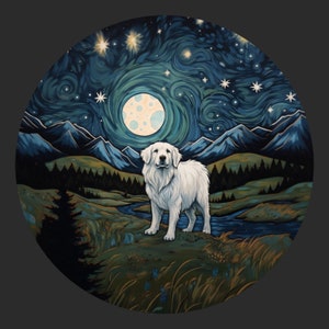 Autocollant imperméable en vinyle, chien des Grandes Pyrénées, randonnée dans les montagnes sous un ciel nocturne et une lune brillante, heureux positif
