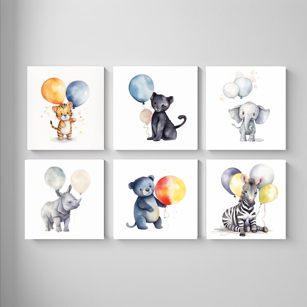 Set of 14 Animals Nursery Wall Decor Printable Nursery Art Printable Digital Watercolor Painting Boy Girl Cute Safari Holding Balloons