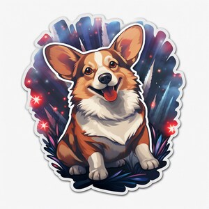 Waterdichte vinylsticker driekleurige Pembroke Welsh Corgi kijkt naar vuurwerk van 4 juli vanuit Beautiful Field Waterdicht