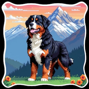 Vinylsticker Berner sennenhond lage resolutie pixelart staand in prachtige bergachtige omgeving retro lage definitie lage resolutie waterdicht 2