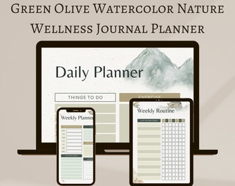 May include: A digital illustration of a laptop, tablet, and smartphone with a watercolor background of mountains. The screens display daily and weekly planner templates with headings like "Things to Do", "Exercise", "Weekly Routine", and "Weekly Planner".