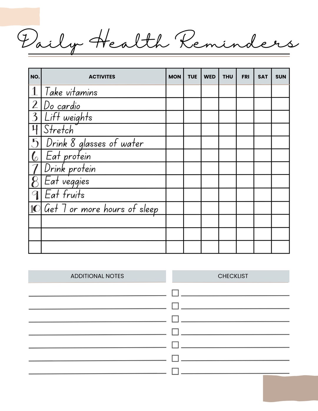Daily Health Reminder Checklist | Wellness Tracker (digital Download ...