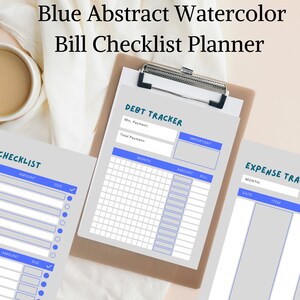Blue & White Abstract Watercolor Bill Checklist Planner, Bill Tracker, Bill Tracker Printable, Bill Checklist, Checklist Printable, Pdf