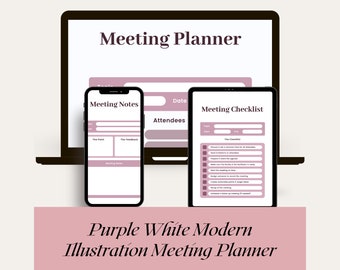 May include: A purple and white digital illustration of a laptop, smartphone, and tablet with the text "Meeting Planner" on the laptop screen. The smartphone and tablet display meeting notes and a checklist.