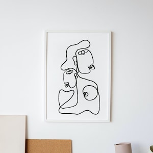 One Line Art, Digital Download, Single Line Drawing, Black White Wall Art, One Line Couple Art, Lovers, Printable Wall Art Gallery