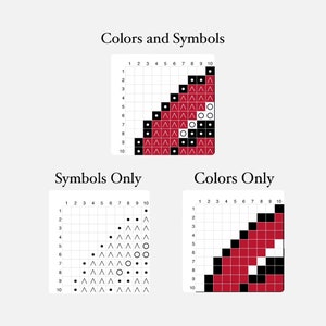 K&ouml;nnte beinhalten: Ein 10x10 Raster mit roten, schwarzen und wei&szlig;en Quadraten. Das Raster ist in drei Abschnitte unterteilt: "Farben und Symbole", "Nur Symbole" und "Nur Farben". Jeder Abschnitt zeigt ein anderes Muster aus roten, schwarzen und wei&szlig;en Quadraten.