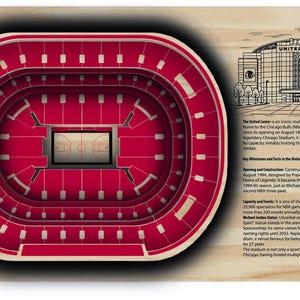 Puede incluir: Placa de madera con una vista superior del estadio United Center en Chicago, Illinois, sede de los Chicago Bulls. El estadio está representado en rojo y blanco, con una cancha de baloncesto. Texto a la derecha describe el estadio.
