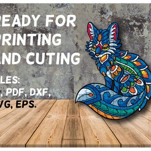 May include: A colorful, intricate fox design with a blue, green, and orange color scheme. The design is ready for printing and cutting. Files included are AI, PDF, DXF, SVG, and EPS.