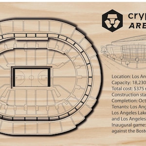 May include: A wooden Crypto.com Arena design, featuring an overhead view of the stadium's layout and an architectural rendering. The arena's name is displayed, along with details about its location, capacity, and tenants.