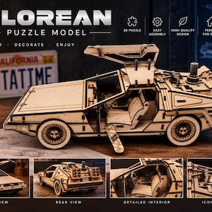 Puede incluir: Un modelo de rompecabezas 3D de madera de un coche DeLorean con puertas de ala de gaviota, asientos interiores detallados y componentes mecánicos traseros. El texto DELOREAN 3D PUZZLE MODEL es visible arriba, con etiquetas para vistas detalladas.
