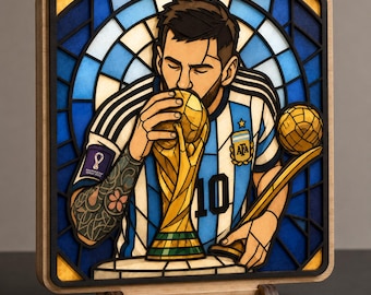 Football Legend Inspired Stained Glass LED Lamp, Handmade Wood & Acrylic Light, Soccer Wall Decor, USB Night Light, Sports Fan Gift