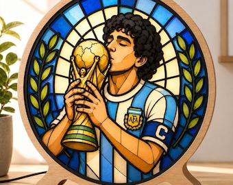 Football Legend Stained Glass LED Lamp, Handmade Soccer Wall Art, Wood & Acrylic Light, Football Fan Gift, Sports Room Decor, Collector Lamp