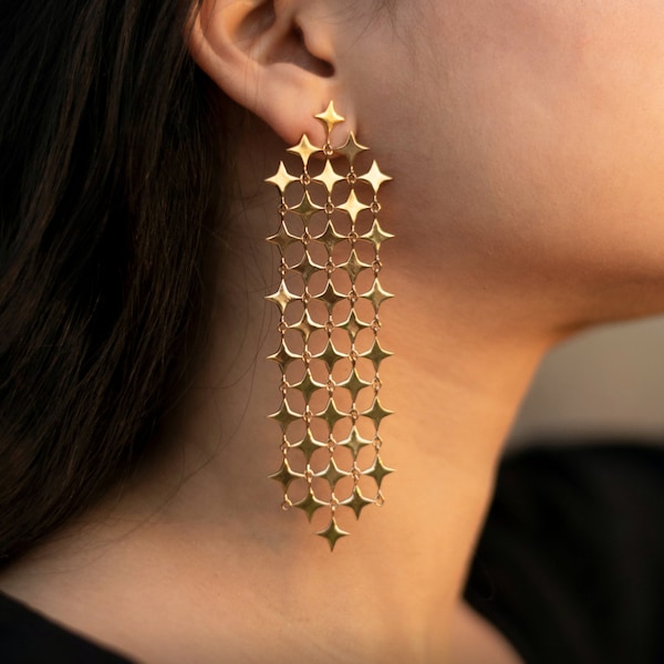 Statement Gold Star Drizzled Earrings Unique Intricate Handmade Geometric Long Contemporary Jewelry Gift For Her.