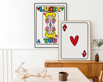 Lucky you print, Princess Peach Wall Art Set of 2, Lucky You Wall Art, Retro Wall Art, Ace Card Poster, Funny Wall Art, Lucky You Poster.