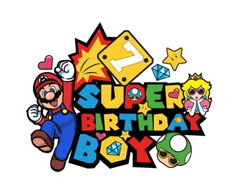 Super Mario Birthday Boy 7 años Archivo gráfico digital Svg, "Saltar a la aventura con Super Birthday Boy camiseta imprimible Descarga digital