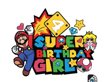 Super Mario Birthday Girl 4 años Archivo gráfico digital Svg, "Salta a la aventura con Super Birthday Girl Camiseta imprimible Descarga digital