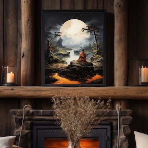 Cartel de meditación Monje espiritual Armonía Naturaleza / Luna llena Naturaleza serena Arte de pared Impresión de meditación impresa / Regalo budista para amantes del yoga