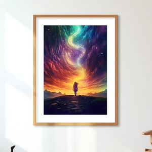 Póster de cielo mágico con estampado de arcoíris, cielos nocturnos estrellados, ilustraciones de fantasía coloridas, arte de pared impreso fantástico