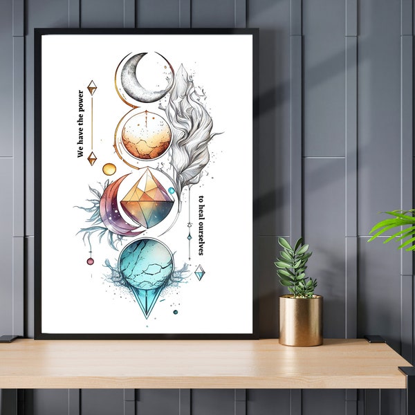 Healing Crystals Print Gift Esoteric Art | Spiritual Wall Art Four Elements Printable Artwork Design | Reikihealing Home Decor