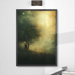 Serene Forest Poster Golden Sky Print - Romantische spirituelle Liebe Wandkunst für Naturliebhaber - Paare Spirit Gedruckte Poster Kunstwerk