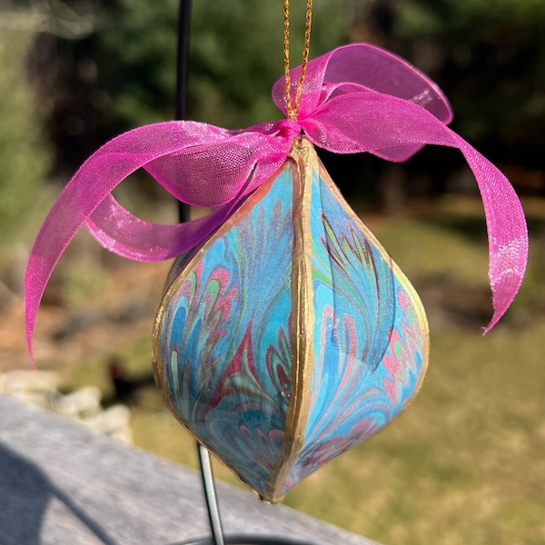 Handmade Paper Ornaments - Hostess Gift - Mother's Day Gift - Turquoise and Pink Feathered Marble