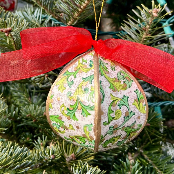 Handmade Paper Ornaments - Christmas Ornament - Green/white Italian Florentine Paper