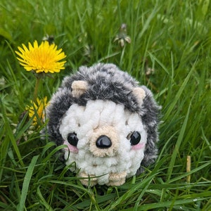 Puede incluir: Un juguete de peluche de erizo de lana blanca y gris con ojos negros y una nariz rosa. El juguete está sentado en una cama de hierba verde.