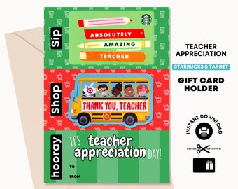 Teacher Appreciation Gift Card Holder  for Starbucks and Target (Printable) - Coffee Gifts for Teacher - Thank You Teacher Gift - Bulk Gifts