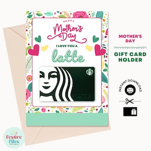 Porta-cartão-presente para o dia das mães - Porta-cartão-presente Starbucks (para impressão) - Presentes de café para a mãe - Te amo um café com leite