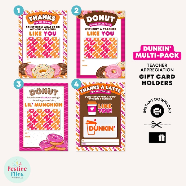 Multi-Pack of Teacher Gift Card Holders for Dunkin Donuts (Printable) - Teacher Appreciation - Thanks a Latte - Thank You Teacher Gift