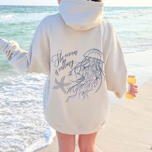 Moletom com capuz estampado de água-viva estilo inspirado no oceano, coco, menina, adolescente, presentes, oceano, praia, moletom com capuz, verão, praia, moletom, coisas preppy