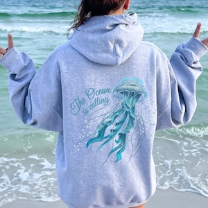 Moletom com capuz estampado de água-viva estilo inspirado no oceano, coco, menina, adolescente, presentes, oceano, praia, moletom com capuz, verão, praia, coisas preppy