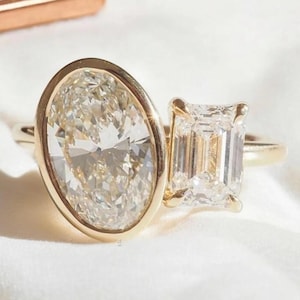 Toi Et Moi Ring 2.96 TW Oval and Emerald Moissanite Two Stone Engagement Ring Perfect Wedding or Anniversary Gifts