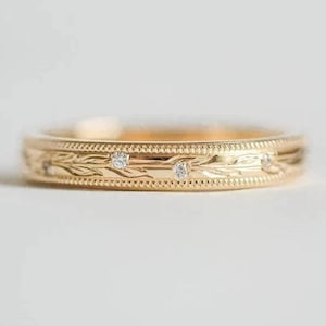 wedding band for women, Milgrain leaf engraved moissanite Engagement full eternity band, 14k gold Diamond Band,promise Band,anniversary band