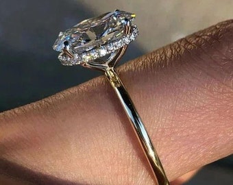 3 CT Classic Oval Cut Solitaire Diamond Ring, Gorgeous Oval Hidden Halo Anniversary Ring, 14K Gold Ring, Moissanite Oval Cut Promise Rings