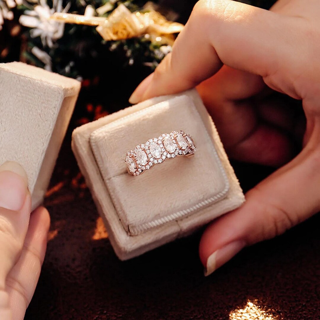 Oval Cut Moissanite Wedding Band Women Yellow Gold Unique Full Eternity ...