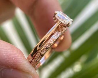 14K Yellow Gold Ring Set, Oval Engagement Ring Set, 5x8MM Delicate Oval Solitaire Ring, With Plain Gold Wedding Band Bridal Set,Promise Ring