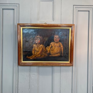 Antique oil painting portrait study of two crying children