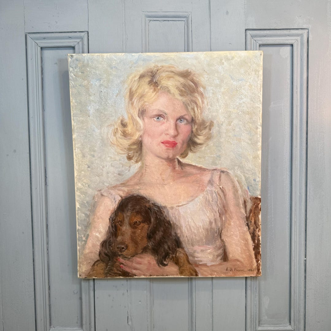 Vintage Oil Painting Portrait of Girl With Spaniel Dog Signed AH Neave ...