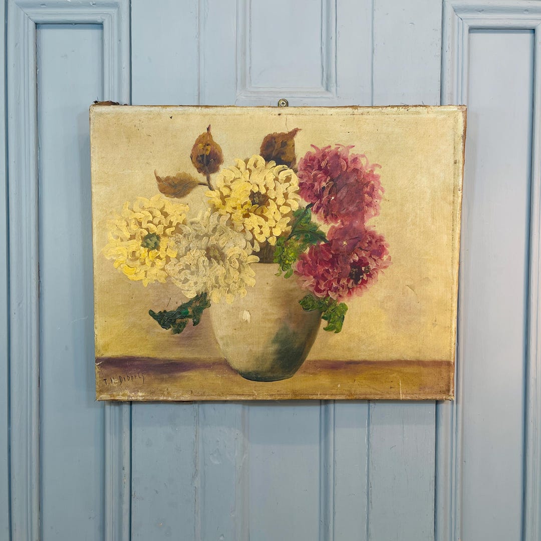 Antique French Still Life Oil Painting Study of Chrysanthemums in Vase ...