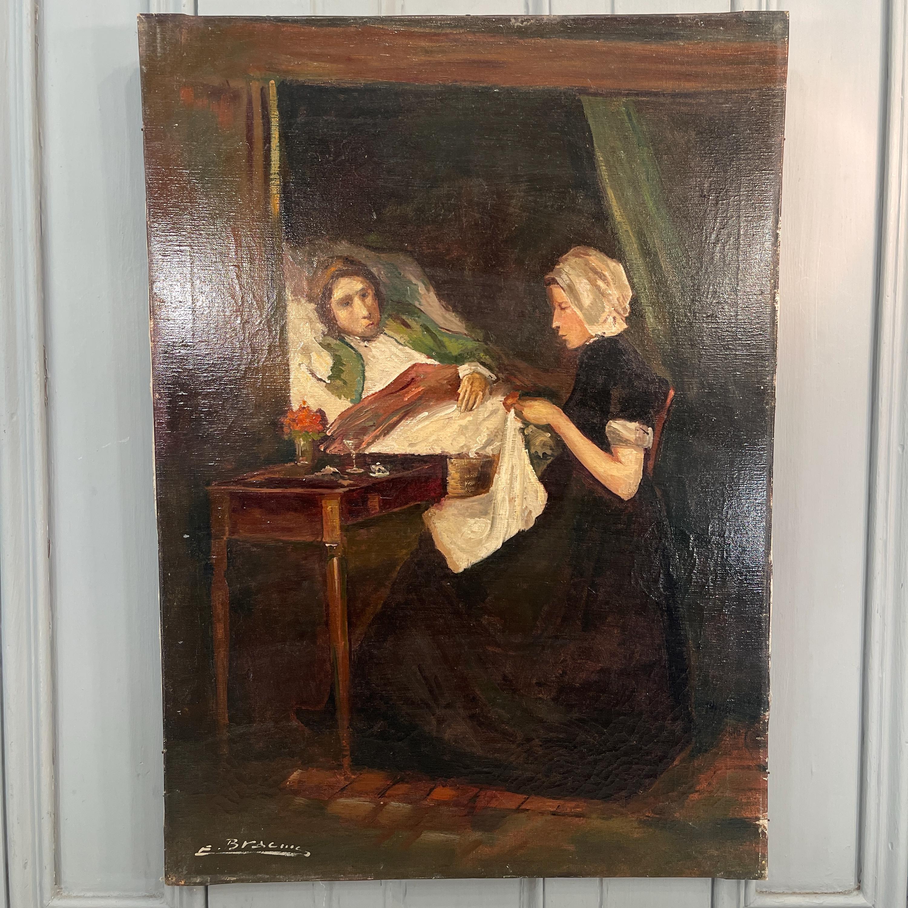 女性の肖像画 油彩 サインあり アンティークの署名入りオランダの油絵、裁縫仲間の女性の肖像画