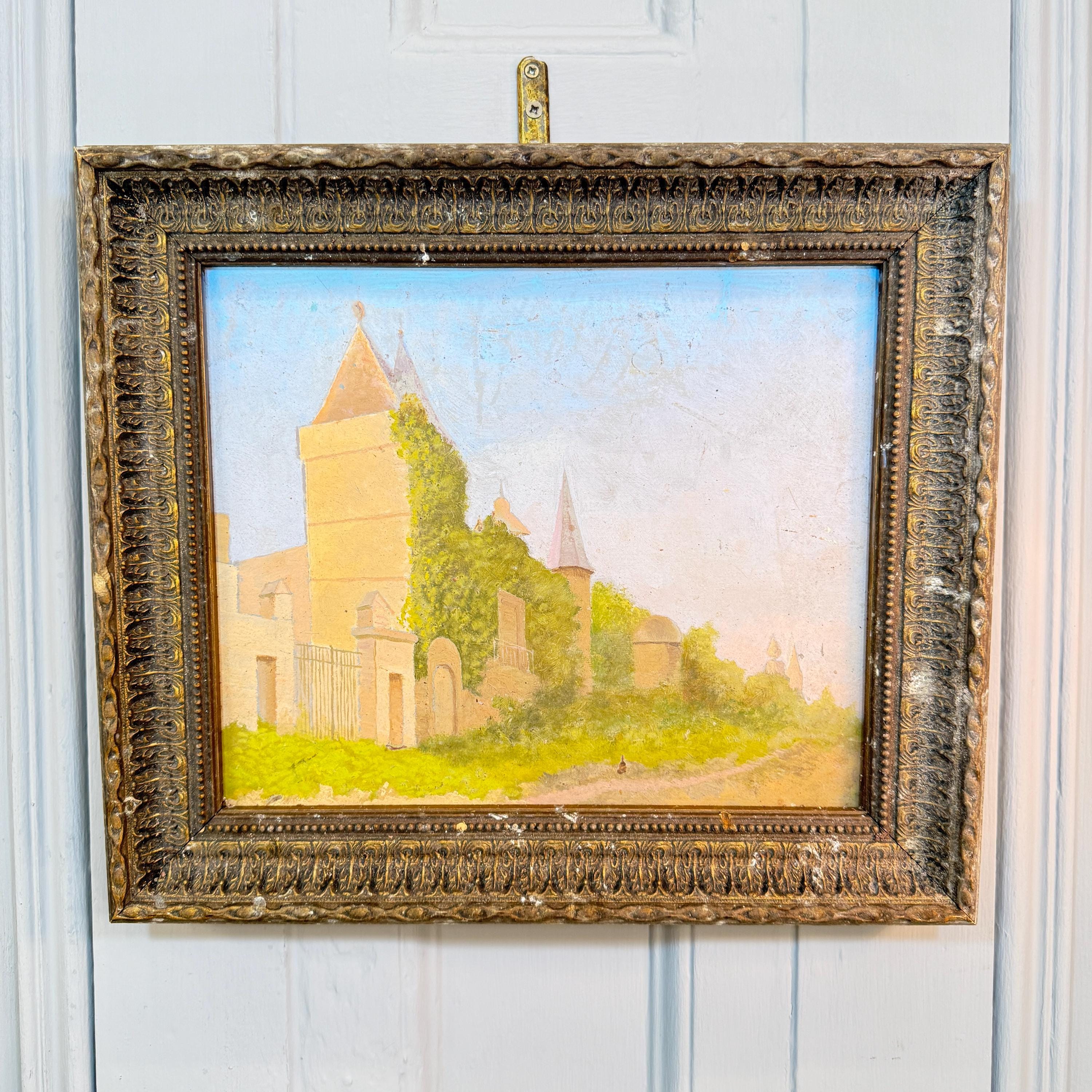 田舎の塔のある別荘を描いたフランスのアンティーク風景油絵習作