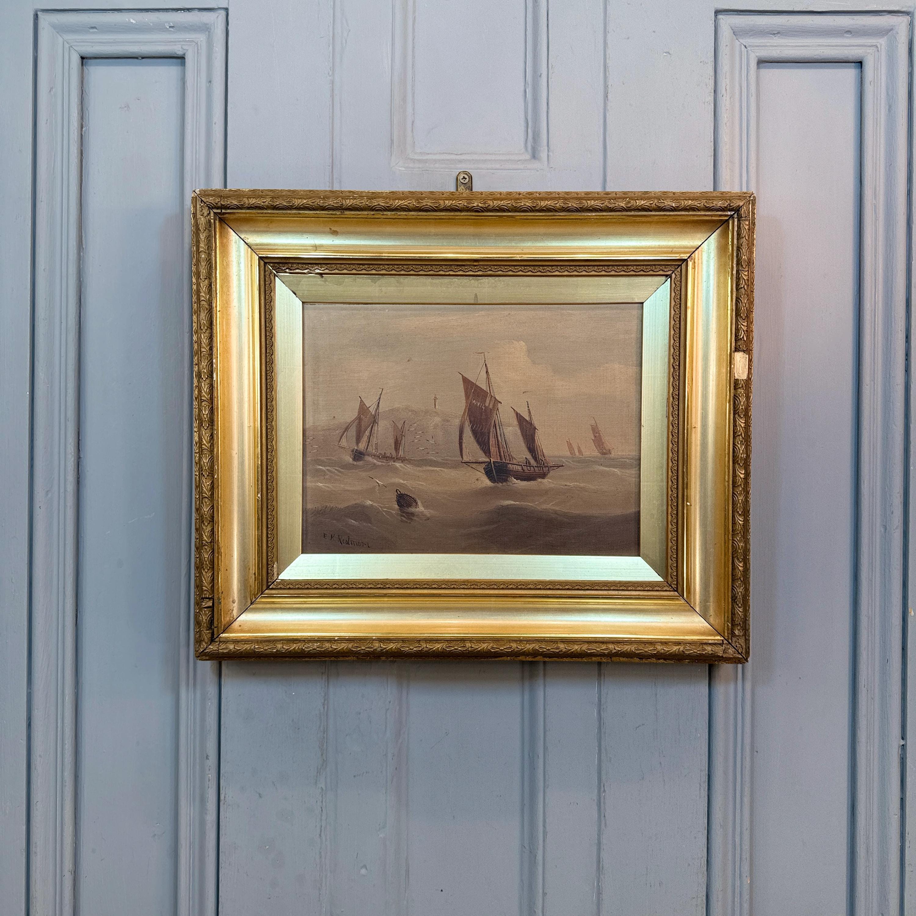 水彩画 陸揚げ船 (額縁付き) EK Redmoreのサイン入り、海岸沖の大型帆船を描いたアンティークの海景
